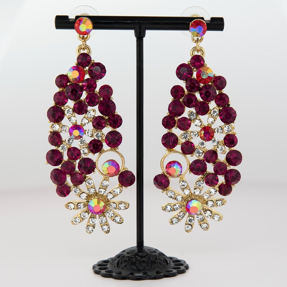 VTG Statement Rhinestone Dangle Earrings | Magenta & Iridescent Crystal Glam